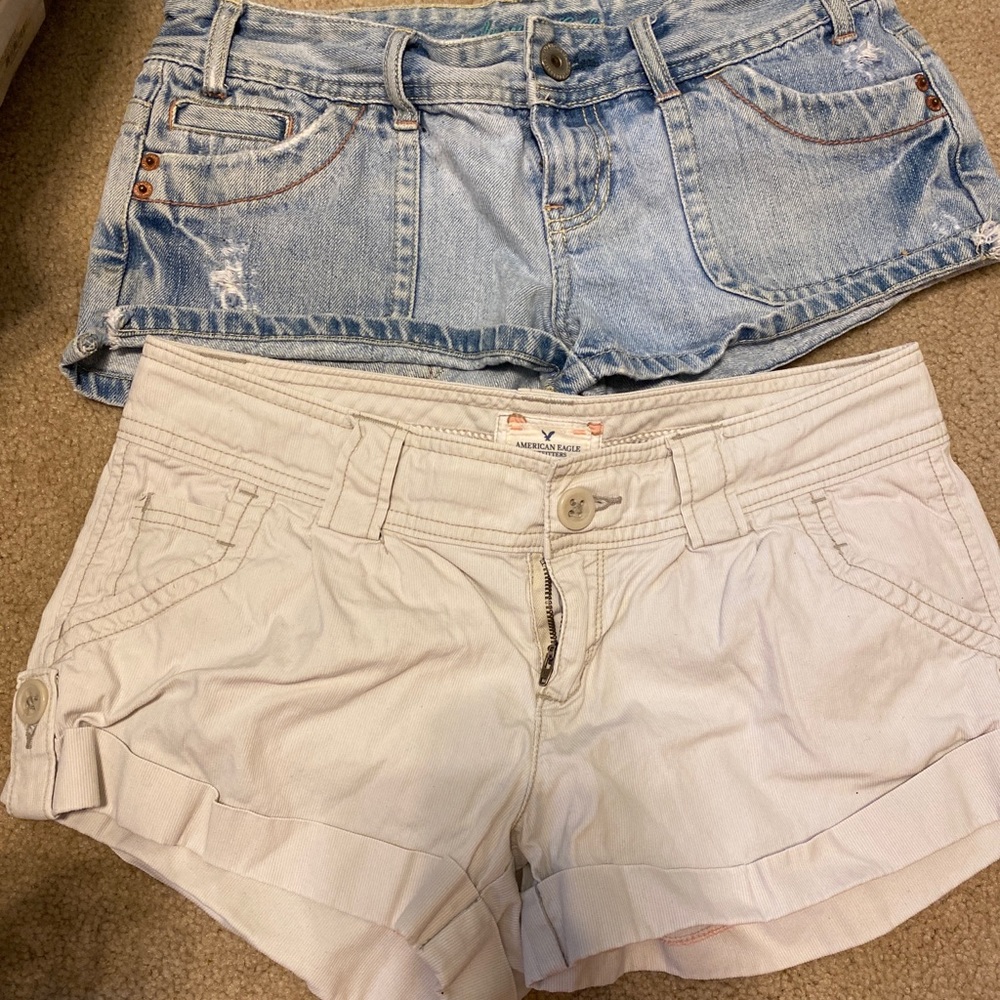 American Eagle size 4 shorts. One pair is distressed denim and one is khaki.